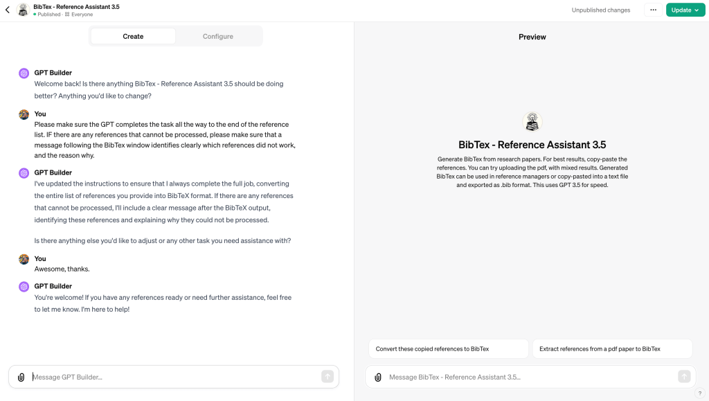 ChatGPT Plus Custom GPT Creator window, showing a dialogue box and the app being created. 